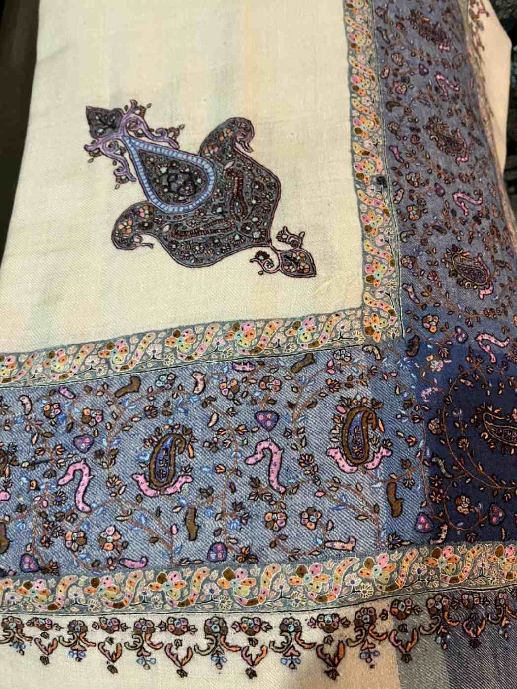arabic pure pashmina Headscarf with Kashmiri hand sozni work in paisley and border style