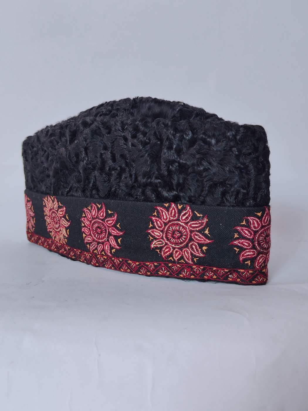 Designer Black Karakul Cap With Hand Sozni Embroidered Brim
