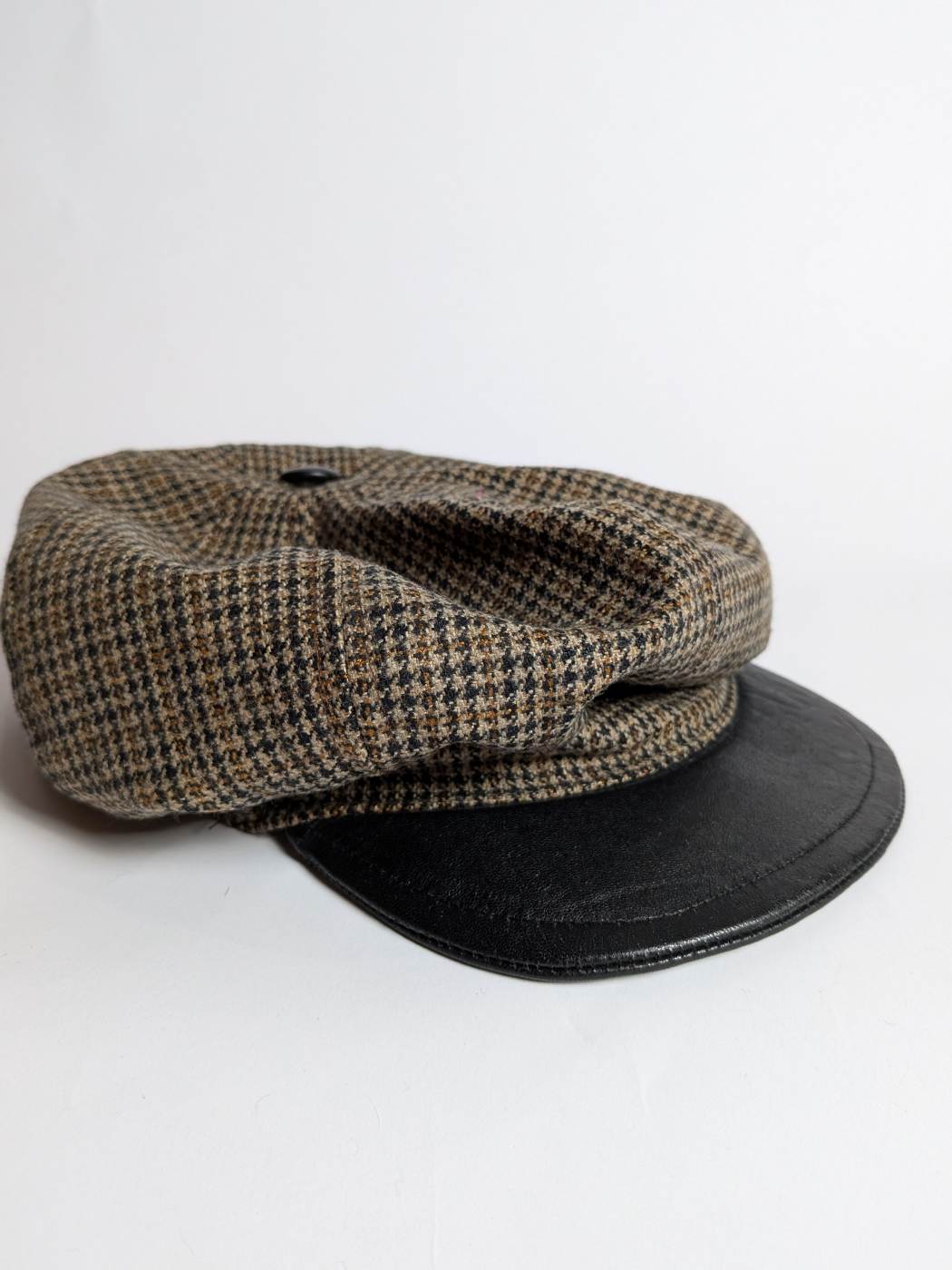 Wool Flat Cap | Stripes Hat with Leather Button on Top