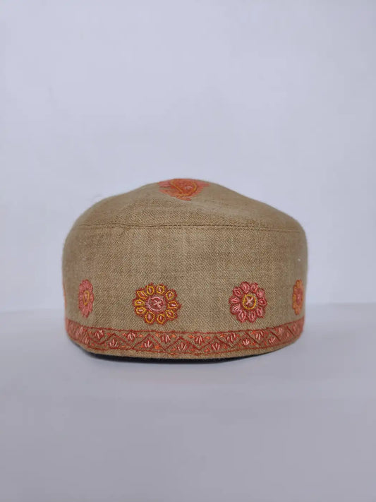 Beige Kashmiri Toosha Cap with Hand Sozni Embroidery