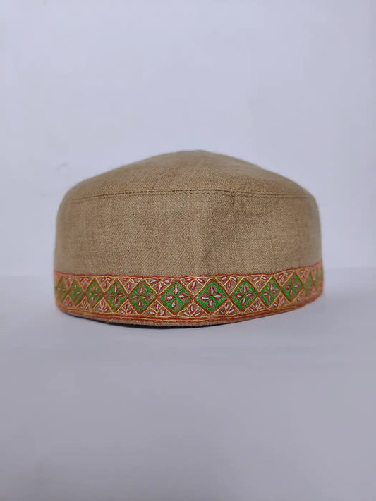 Kashmiri round mens cap with geometrical pattern in hand sozni embroidery