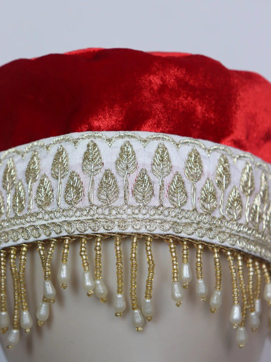 Chinar Kashmiri Partywear Velvet Cap With Zari Work for Women In Red