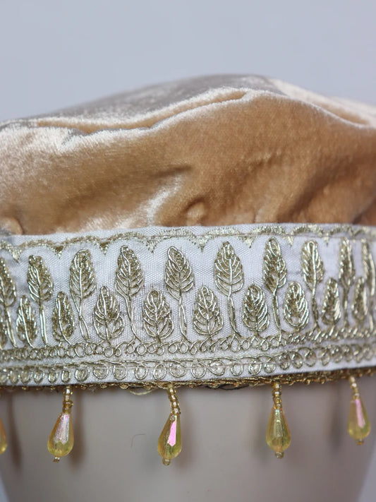 Kashmiri Fancy Velvet Cap In Beige With Zari Work for Women Sadiya