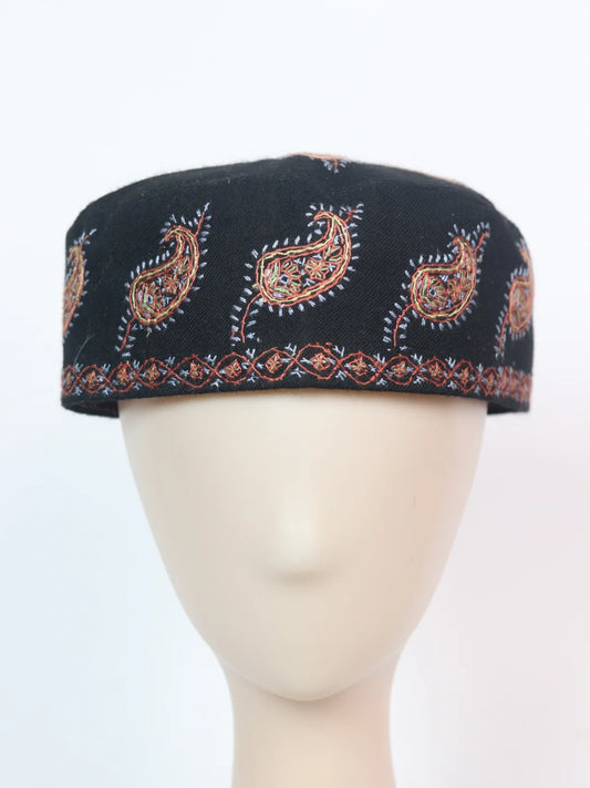 Walur Black Kashmiri Lightweight Toosha Cap with Hand Sozni Work