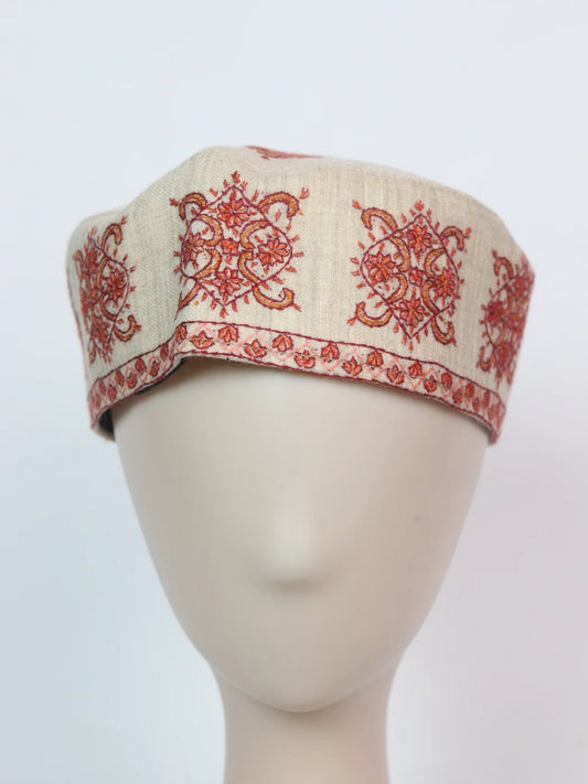 Beige Kashmiri Cap | Topi With Hand Sozni Embroidery In Toosha Jehlum