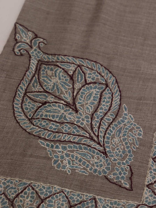 Hand Sozni Work Grey Rumaal Kashmiri Headscarf in MP Pashmina