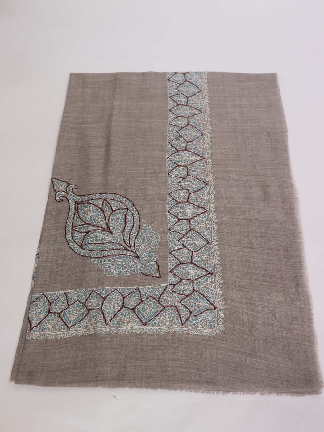Hand Sozni Work Grey Rumaal Kashmiri Headscarf in MP Pashmina