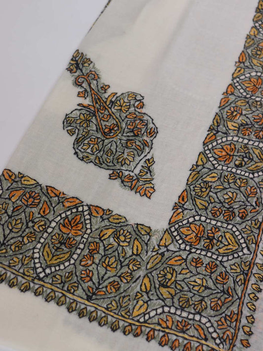 White Kashmiri Rumaal Headscarf in MP Pashmina with Hand Sozni Work