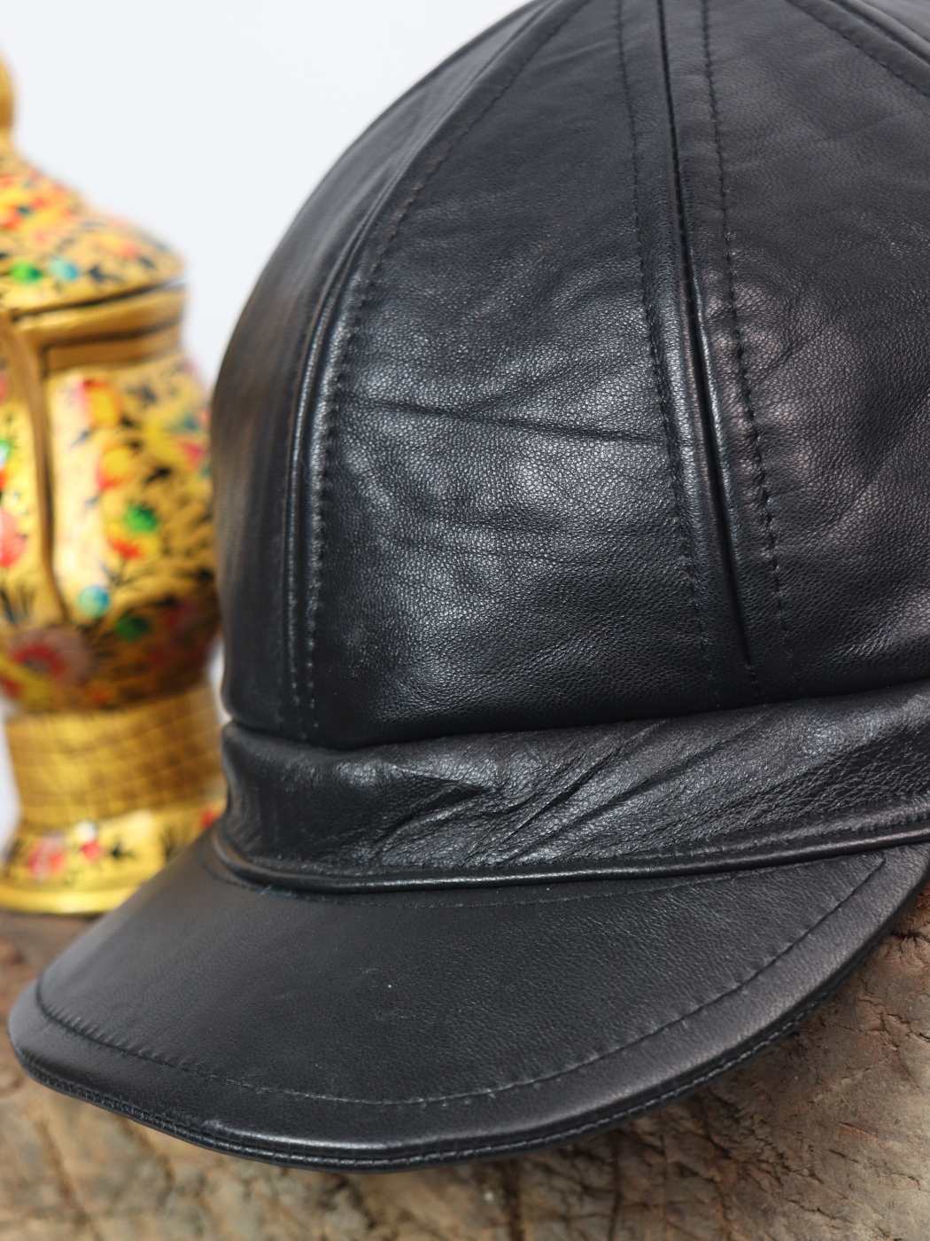 Mens Black leather cap