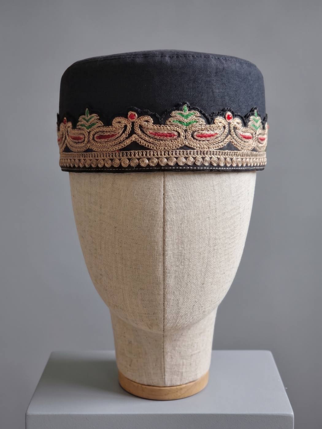Black Kente Cap With Zari Tilla Lace