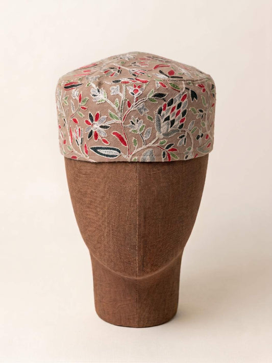 beige cap with kalamkari embroidery