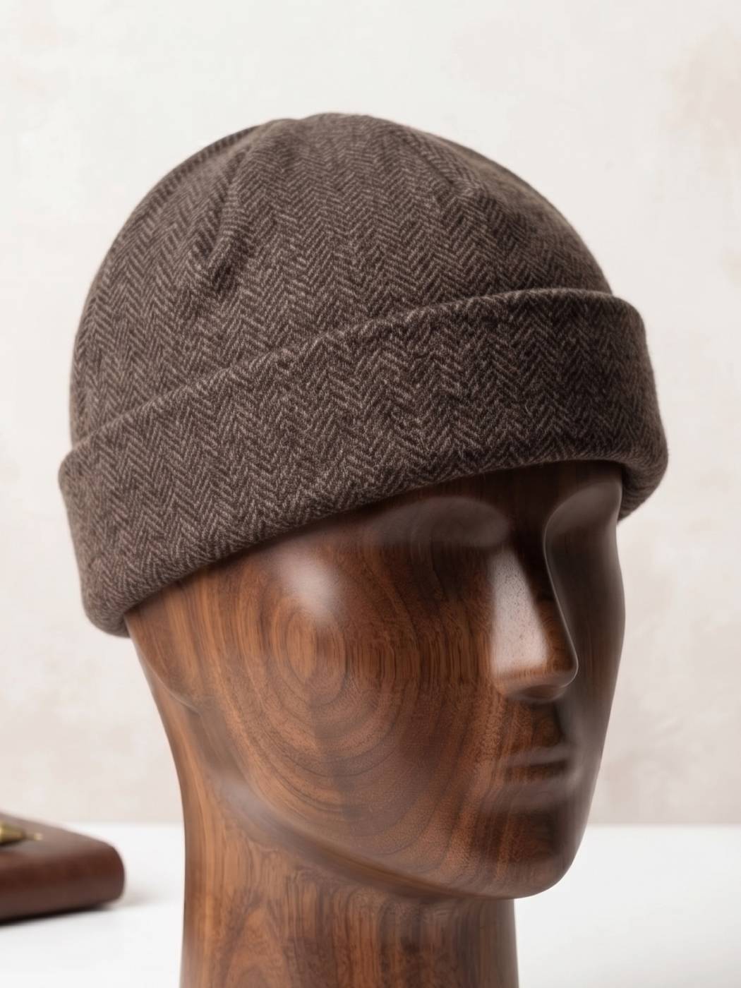 Brown Beanie Cap in Wool in Lines Design