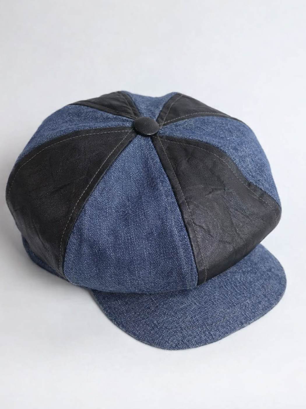 Newsboy Cap in Denim Cotton and Leather