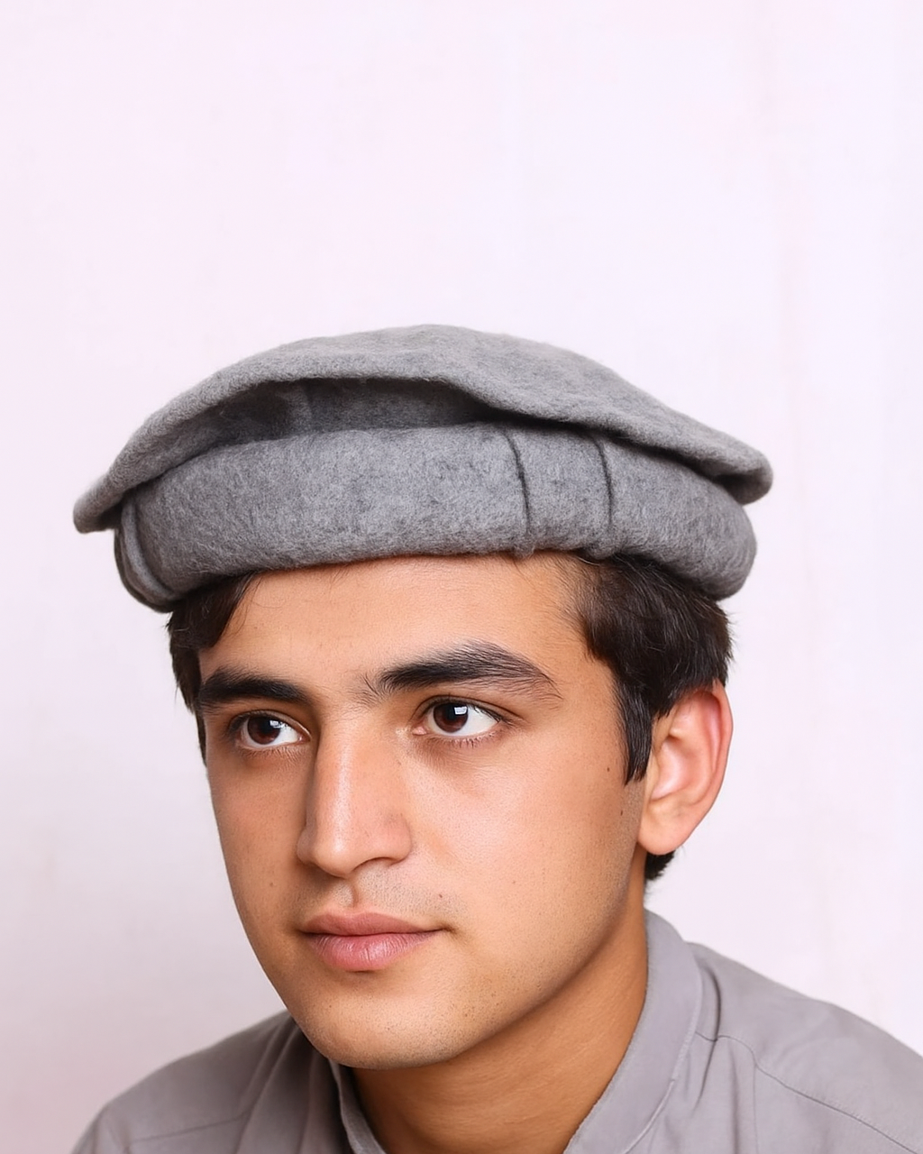 Grey Pakol Cap – Traditional Chitrali Wool Hat for Men