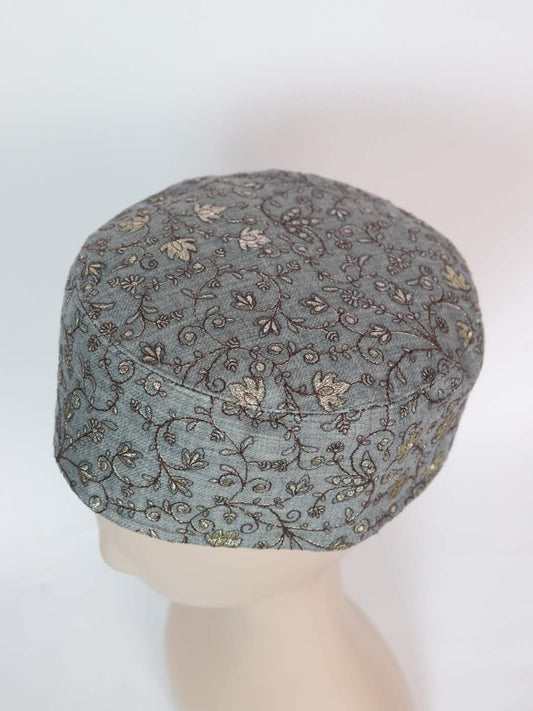 Zari Work Round Cap in Grey With Chinar Design