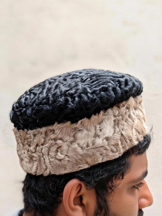 Natural Karakul Wool Round Cap | Persian Diplomat Hat | Dual Shade
