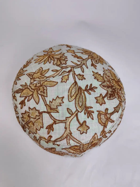 foldable cap top side with heavy zari tilla embroidery