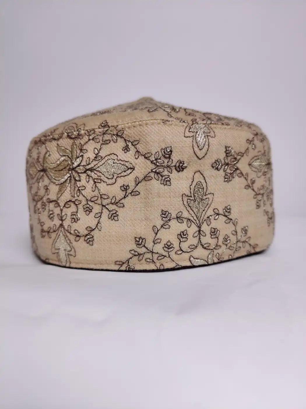 beige Kashmiri topi with zari tilla embroidery