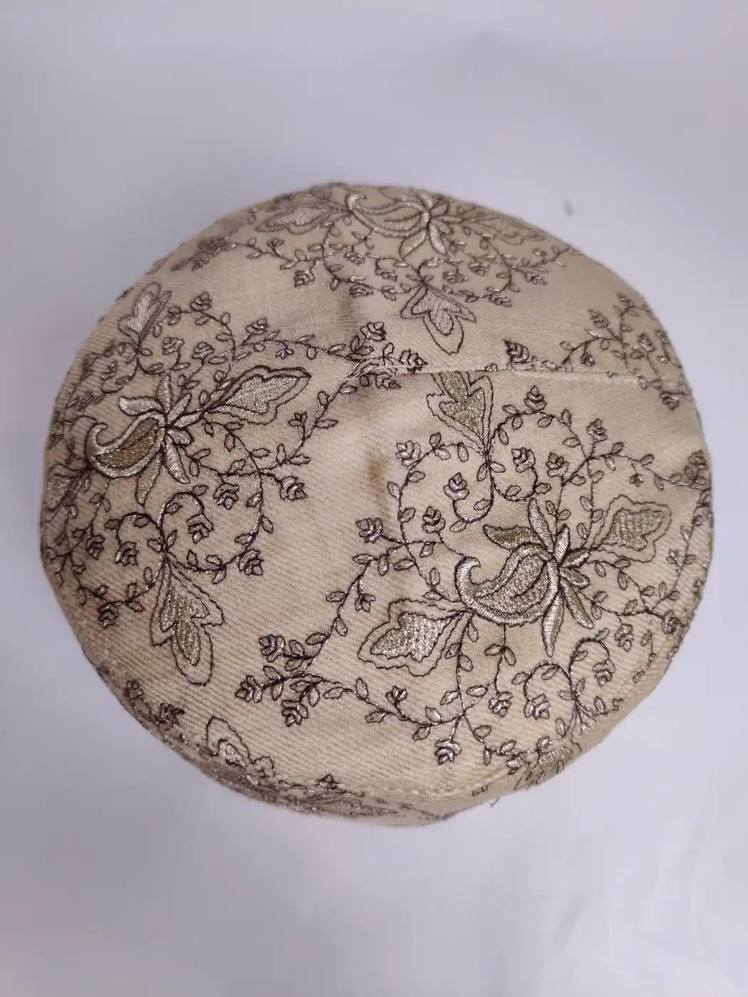 beige Round cap with zari tila work