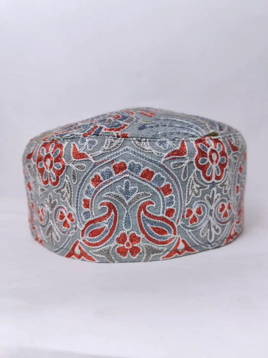 grey colour kashmiri cap with aari embroidery
