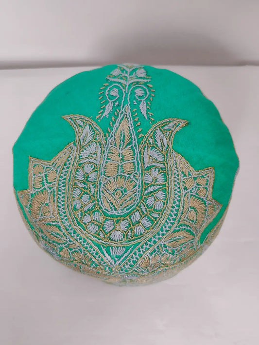 Azeez Cyan Green Kashmiri Foldable Cap with Hand Sozni Embroidery