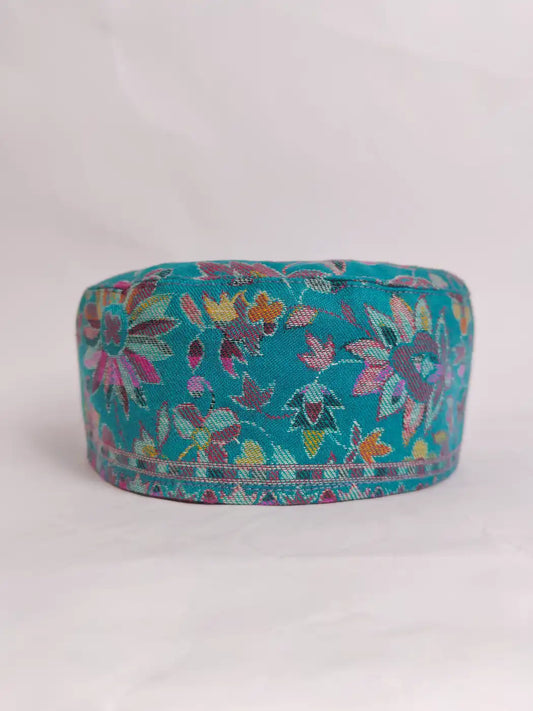 Kashmiri kani cap in sea green with floral woven pattern