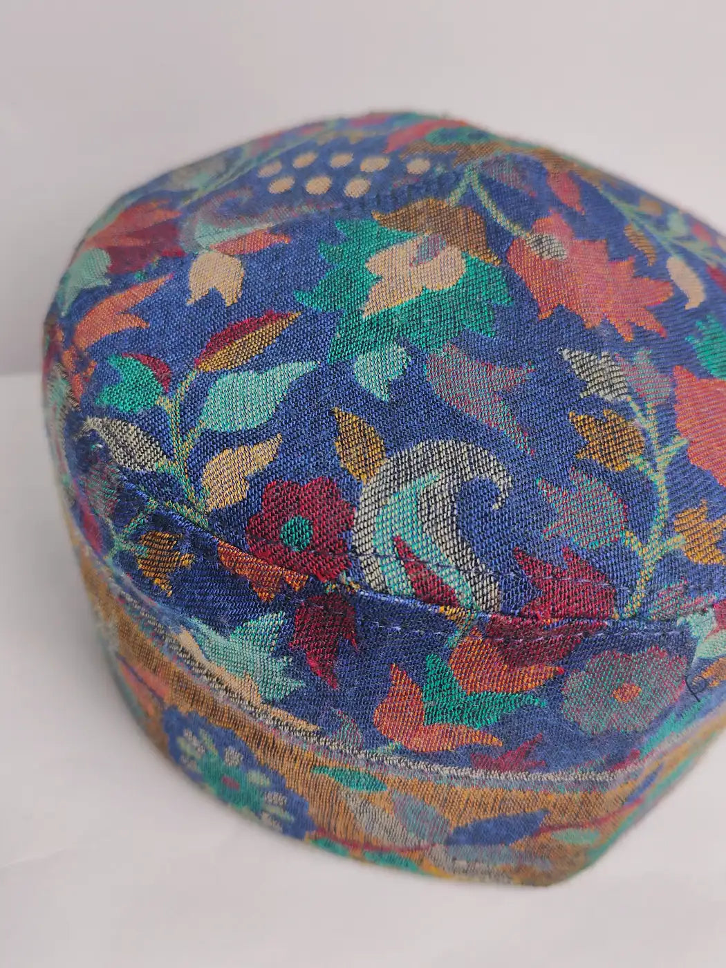 blue kani Kashmiri cap with floral patterns