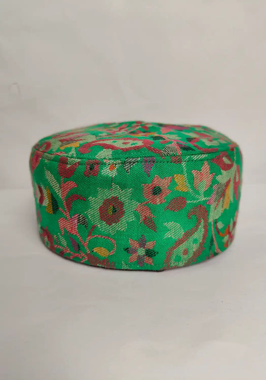 kashmiri green kani cap in floral and badami pattern