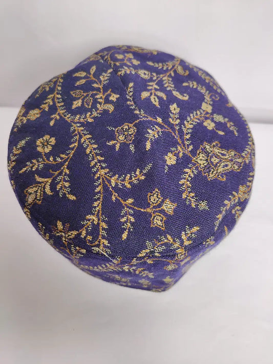 dark blue kashmiri kani cap in floral vine pattern top side