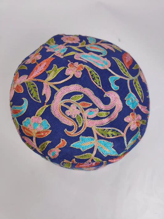 blue topi topi side in Kashmir with aari embroidery