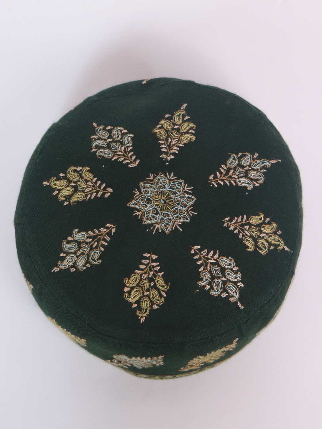 Green Pure Pashmina Cap with Kashmiri Hand Sozni Embroidery Darbar
