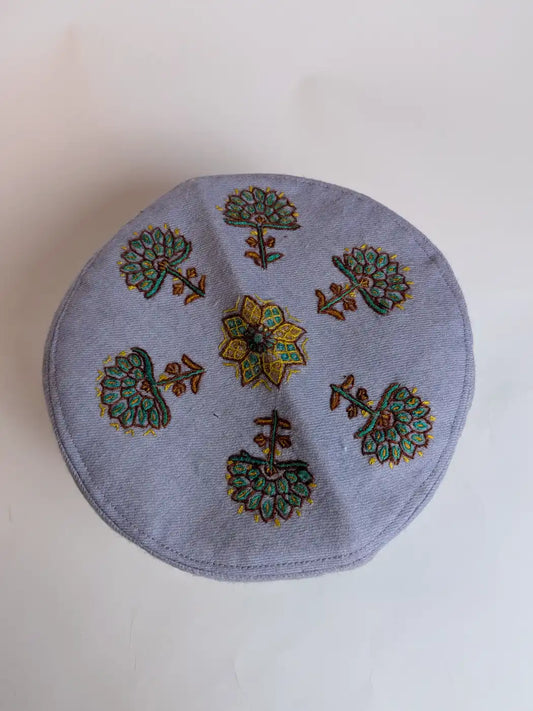 Kashmiri Greyish Blue Abdullah Toosha Cap with Hand Sozni Embroidery