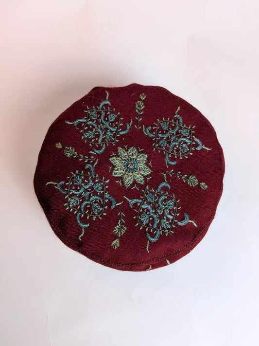 Maroon Kashmiri Abdullah Toosha Cap with Hand Sozni Embroidery