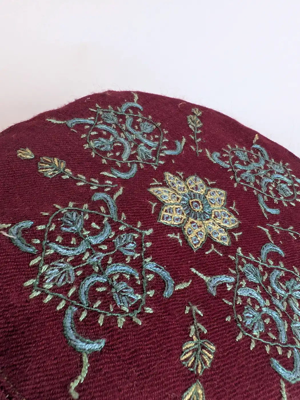 Maroon Kashmiri Abdullah Toosha Cap with Hand Sozni Embroidery