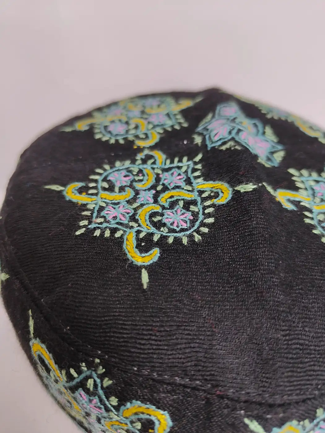 black designer cap with hand sozni embroidery