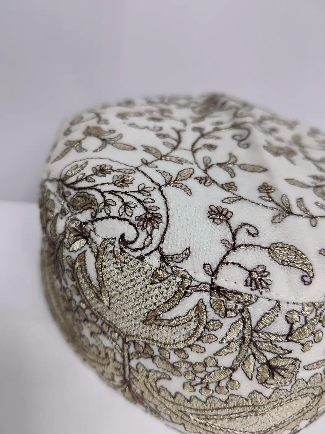 cream colour cap with zari tilla embroidery