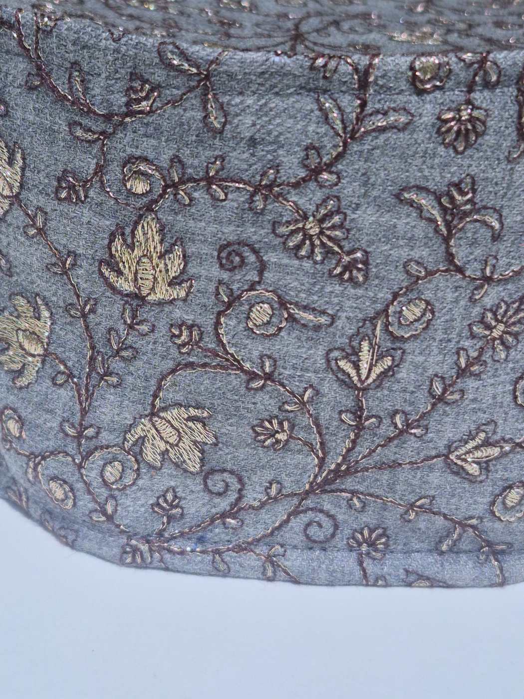 Zari Work Round Cap in Grey With Chinar Design