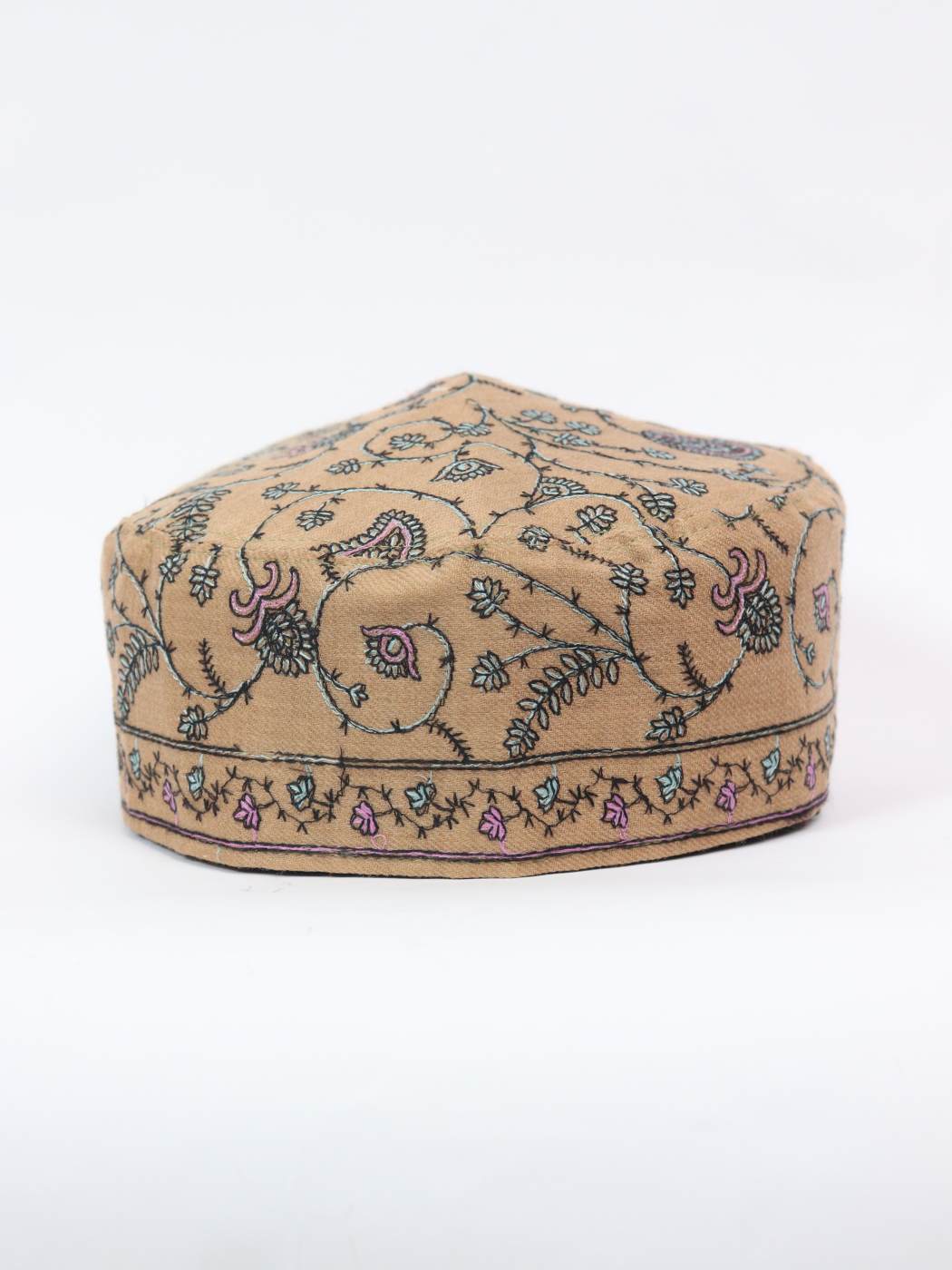 beige Kashmiri cap with sozni embroidery