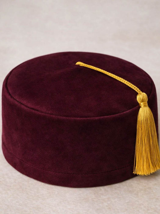 Maroon Velvet Turkish Fez Inspired Cap With Tassle | Height 3 Inch