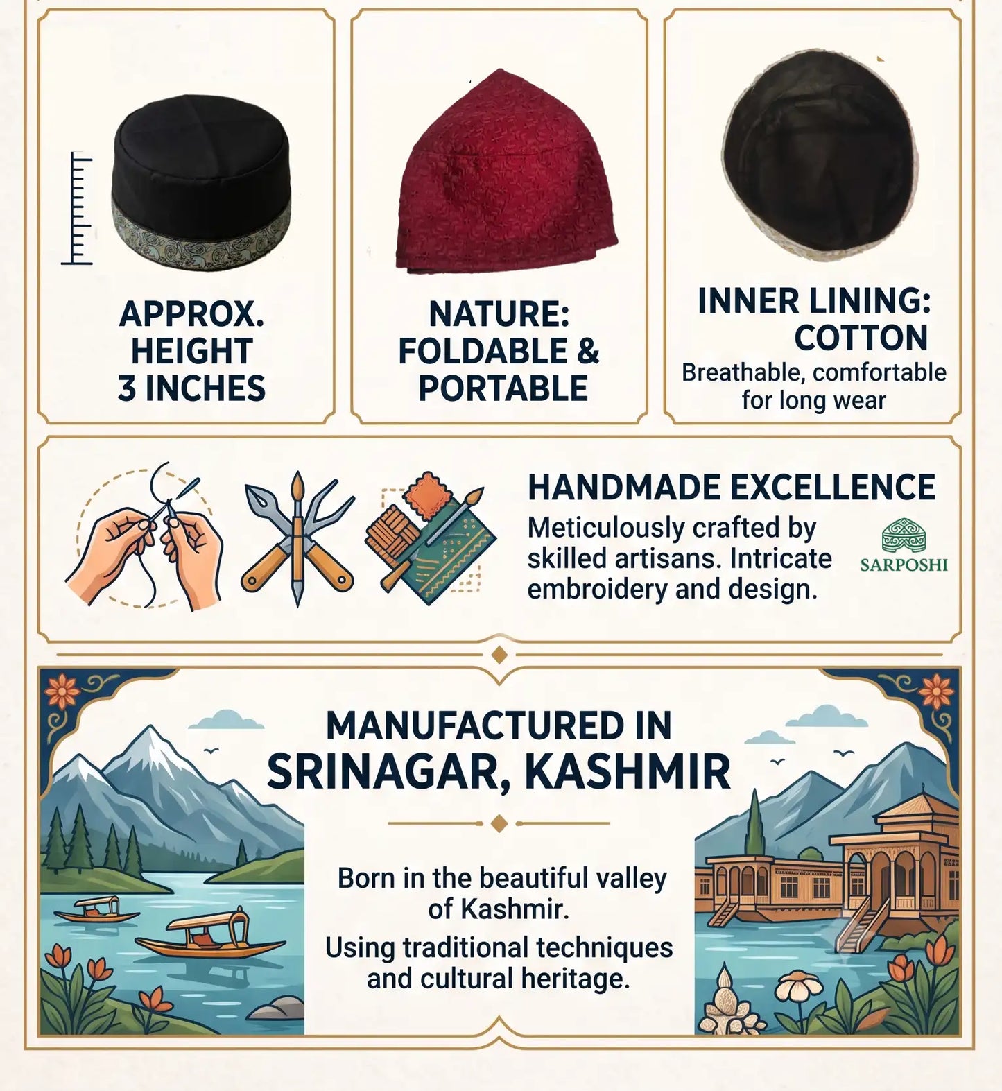 Sozni Embroidered Velvet Cap in Maroon | Foldable, Lightweight