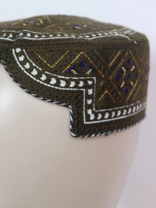 Dark Green Sindhi Cap | Traditional Embroidered Topi Danish