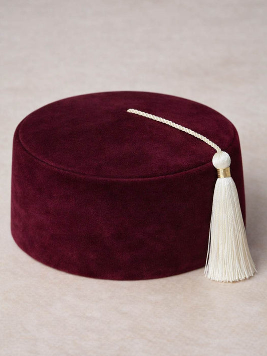 Maroon Velvet Turkish Fez Inspired Cap With Tassle | Height 3 Inch