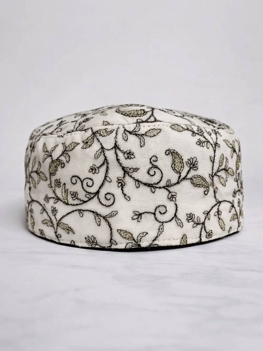 white zari embroidery cap for men