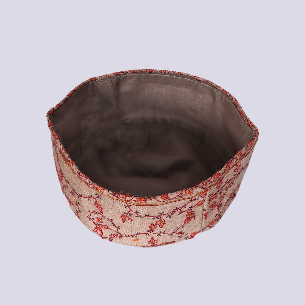 Brown Toosha with Hand Sozni Embroidery Topi | Cap