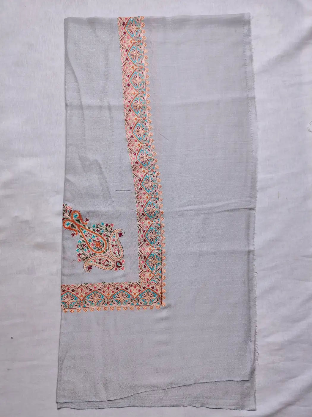 grey Arabic rumal with continuous border pattern and corner paisley motif in Kashmiri embroidery 