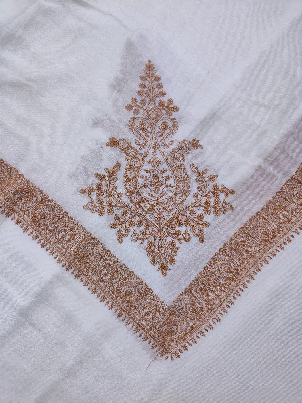 intricate kashmiri embroidery against white arabic rumal