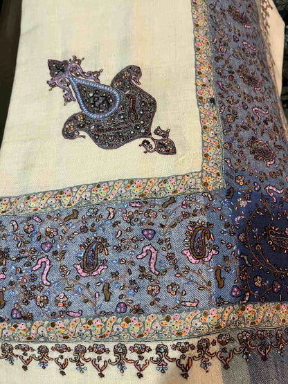 arabic pure pashmina Headscarf with Kashmiri hand sozni work in paisley and border style