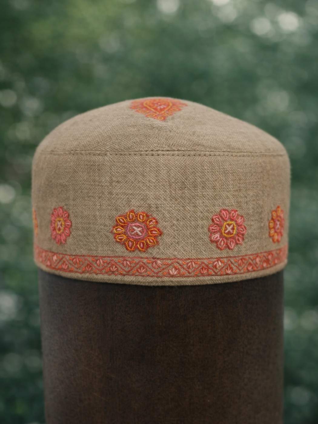 Kashmiri beige cap with floral motifs in sozni embroidery 
