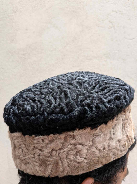 Natural Karakul Wool Round Cap | Black and Beige