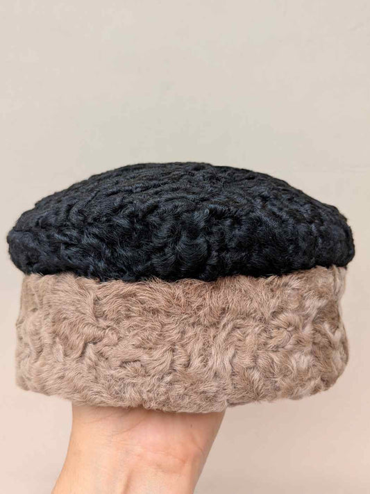 Natural Karakul Wool Round Cap | Black and Beige